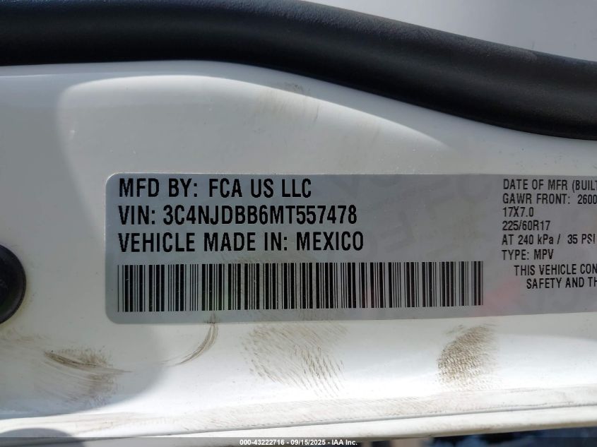 2021 Jeep Compass Latitude 4X4 VIN: 3C4NJDBB6MT557478 Lot: 43222716