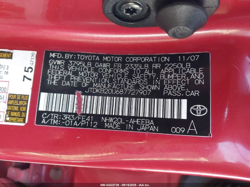 2008 Toyota Prius VIN: JTDKB20U687727907 Lot: 43222726
