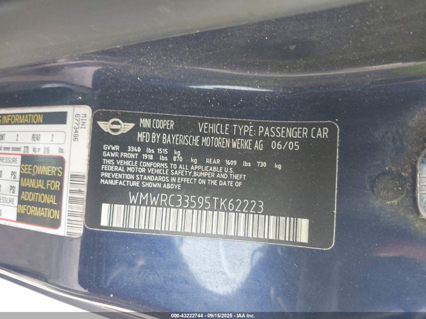 2005 Mini Cooper VIN: WMWRC33595TK62223 Lot: 43222744