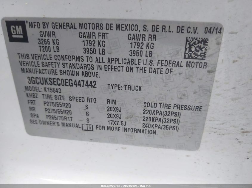 2014 Chevrolet Silverado 1500 1Lz VIN: 3GCUKSEC0EG447442 Lot: 43222768
