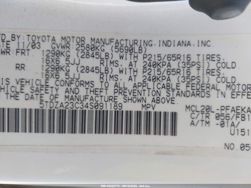 2004 Toyota Sienna Le VIN: 5TDZA23C34S091189 Lot: 43222770