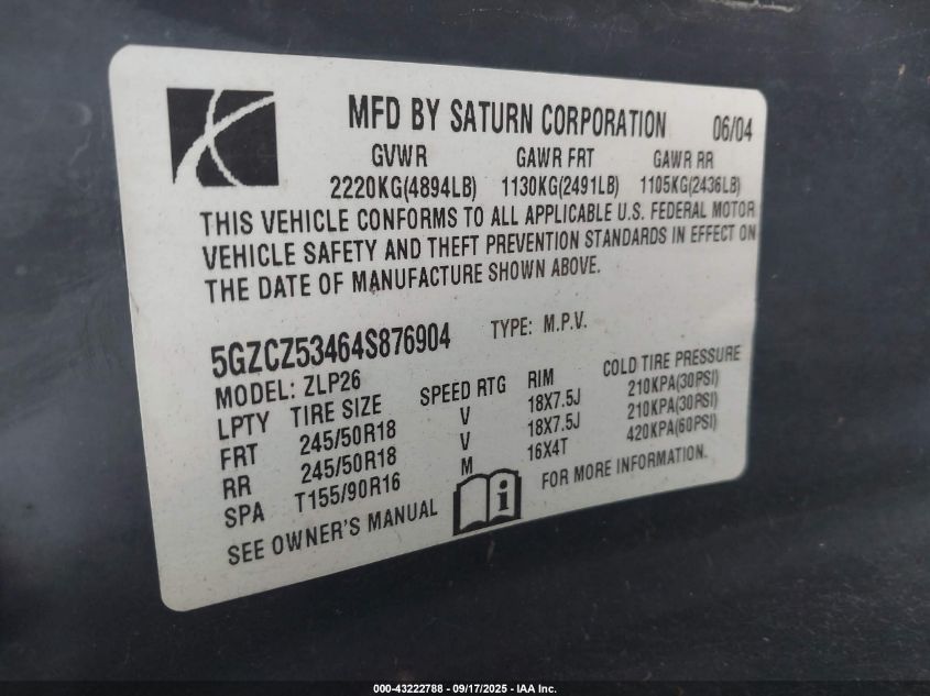 2004 Saturn Vue V6 VIN: 5GZCZ53464S876904 Lot: 43222788