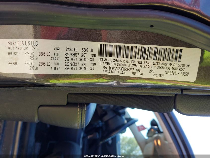 2015 Jeep Cherokee Latitude VIN: 1C4PJMCBXFW792227 Lot: 43222790