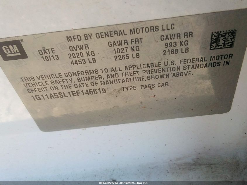 2014 Chevrolet Malibu 1Fl VIN: 1G11A5SL1EF146619 Lot: 43222794