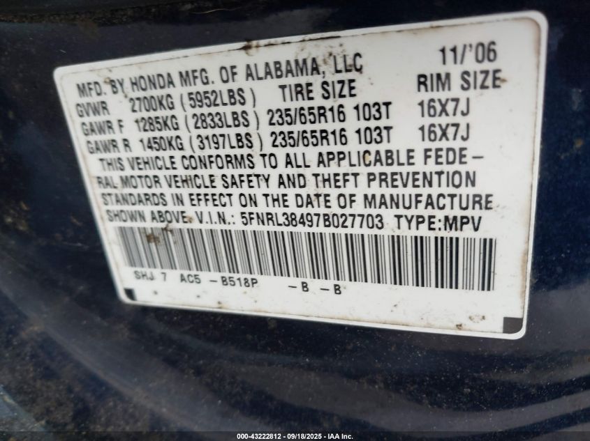 2007 Honda Odyssey Ex VIN: 5FNRL38497B027703 Lot: 43222812