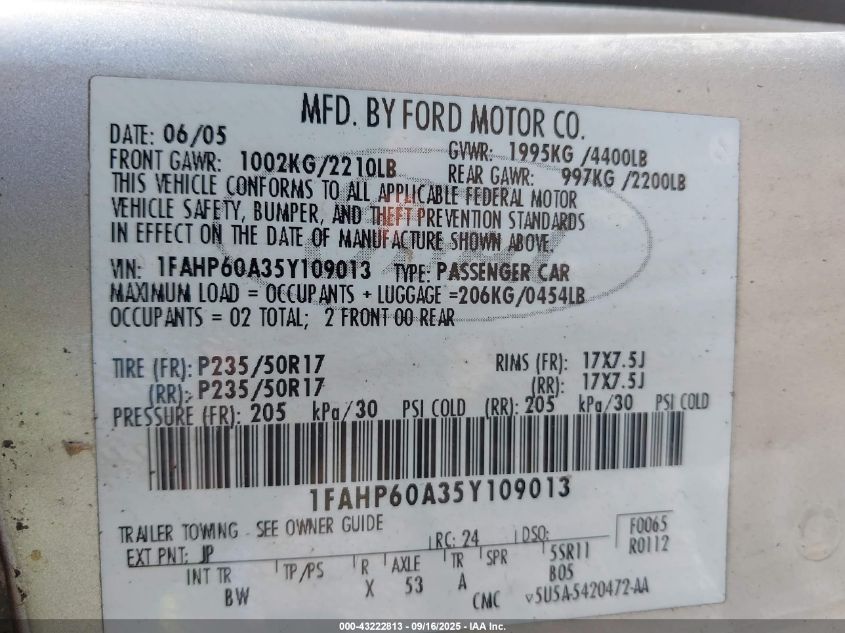 2005 Ford Thunderbird 50Th Anniversary VIN: 1FAHP60A35Y109013 Lot: 43222813