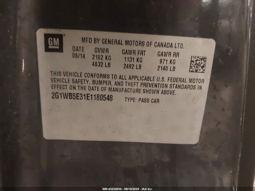 2014 Chevrolet Impala Limited Lt VIN: 2G1WB5E31E1180548 Lot: 43222834