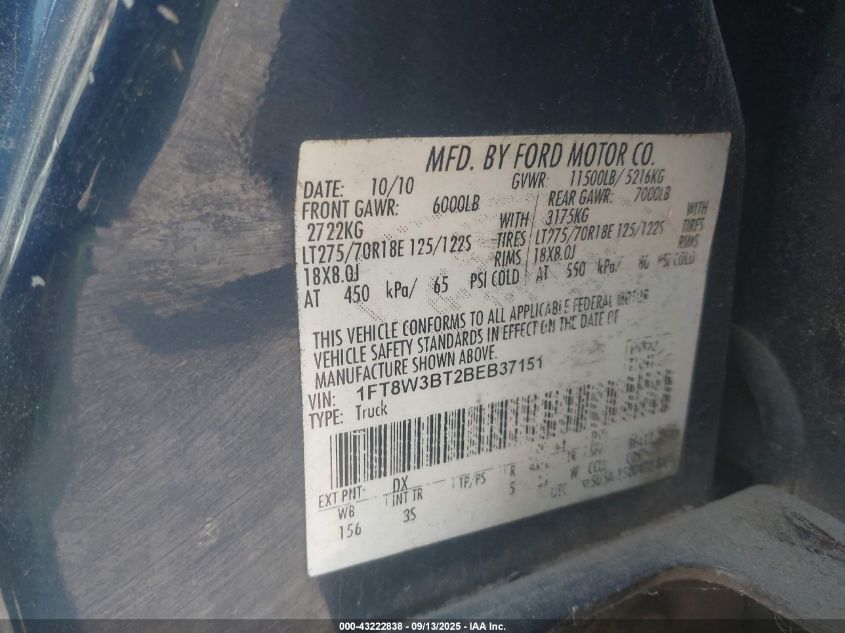 2011 Ford F-350 Xlt VIN: 1FT8W3BT2BEB37151 Lot: 43222838