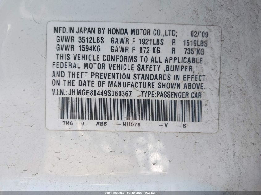 2009 Honda Fit Sport VIN: JHMGE88449S060367 Lot: 43222852