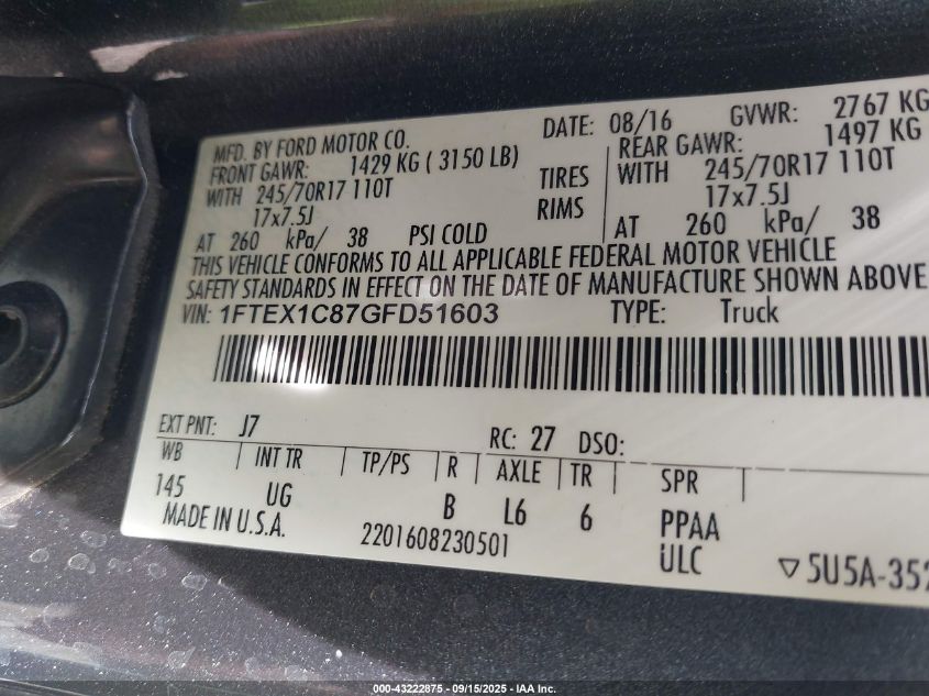 2016 Ford F-150 Xlt VIN: 1FTEX1C87GFD51603 Lot: 43222875