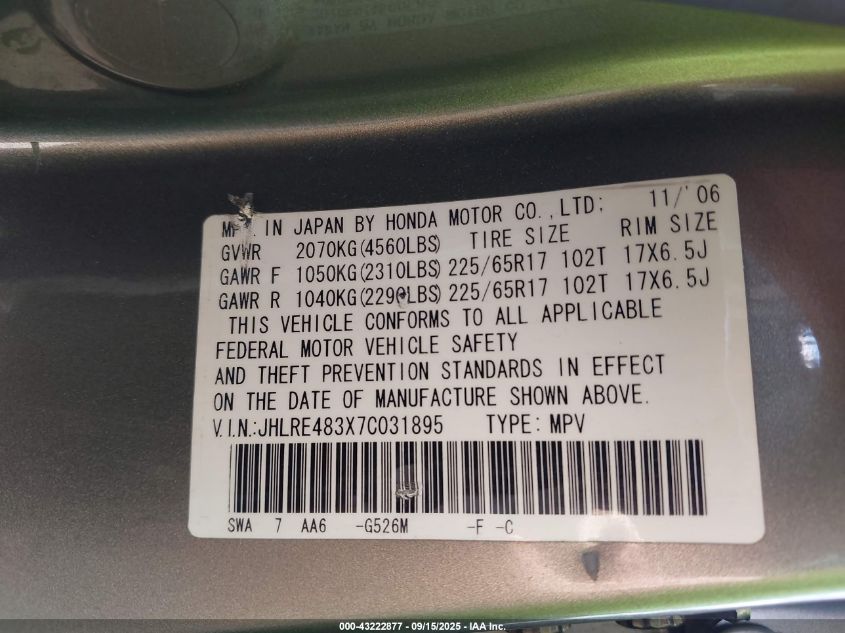 2007 Honda Cr-V Lx VIN: JHLRE483X7C031895 Lot: 43222877