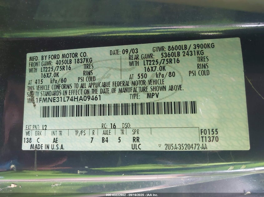 2004 Ford Econoline Chateau/Xl/Xlt VIN: 1FMNE31L74HA09461 Lot: 43222902