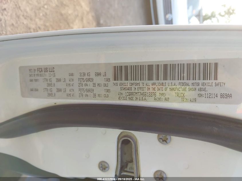 2017 Ram 1500 Sport 4X4 5'7 Box VIN: 1C6RR7MT7HS612276 Lot: 43222904