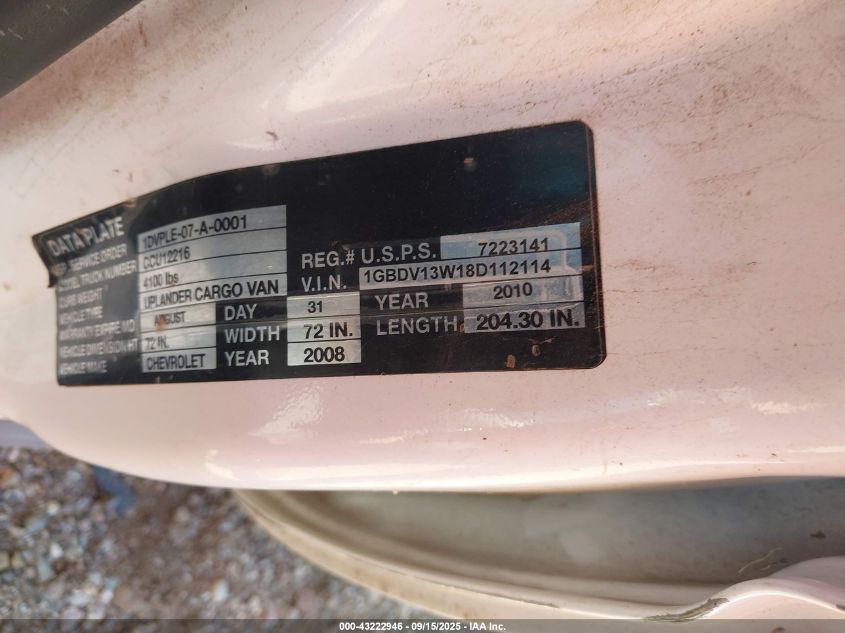 2008 Chevrolet Uplander Cargo VIN: 1GBDV13W18D112114 Lot: 43222946