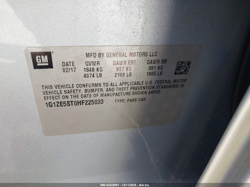 2017 Chevrolet Malibu 1Lt VIN: 1G1ZE5ST0HF225033 Lot: 43222951