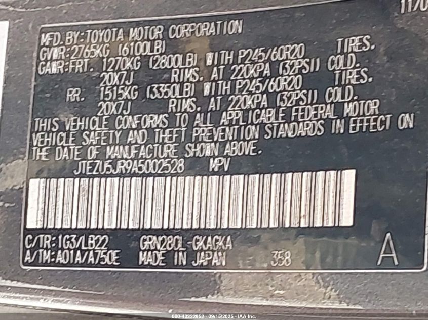 2010 Toyota 4Runner Limited V6 VIN: JTEZU5JR9A5002528 Lot: 43222952