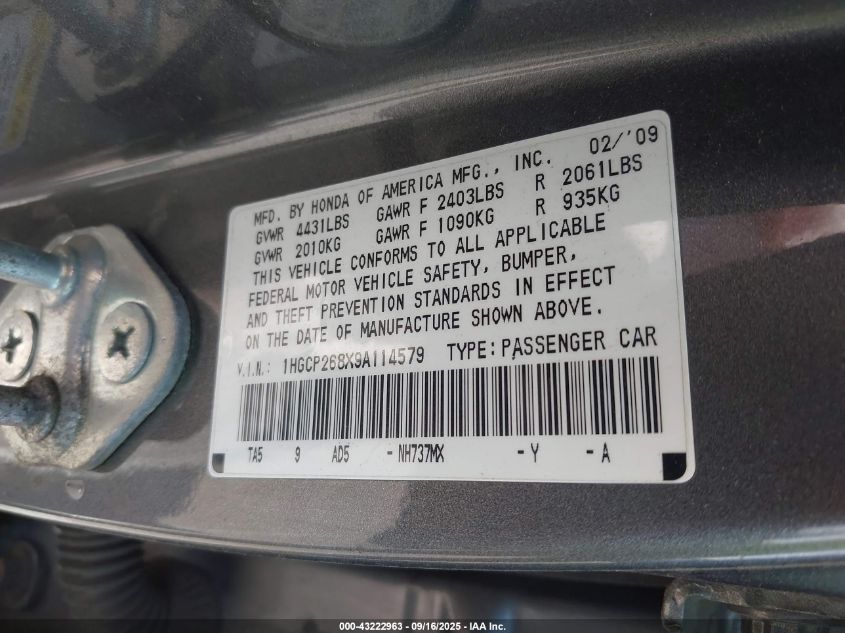 2009 Honda Accord 2.4 Ex-L VIN: 1HGCP268X9A114579 Lot: 43222963