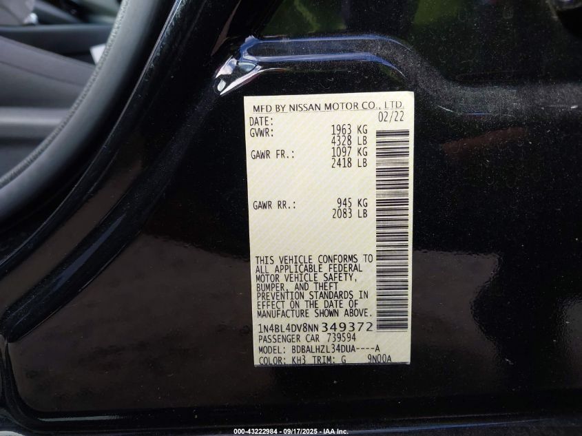 2022 Nissan Altima Sv Fwd VIN: 1N4BL4DV8NN349372 Lot: 43222984