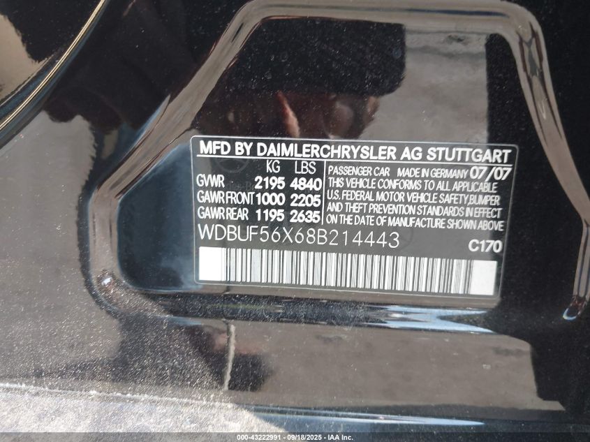 2008 Mercedes-Benz E 350 VIN: WDBUF56X68B214443 Lot: 43222991