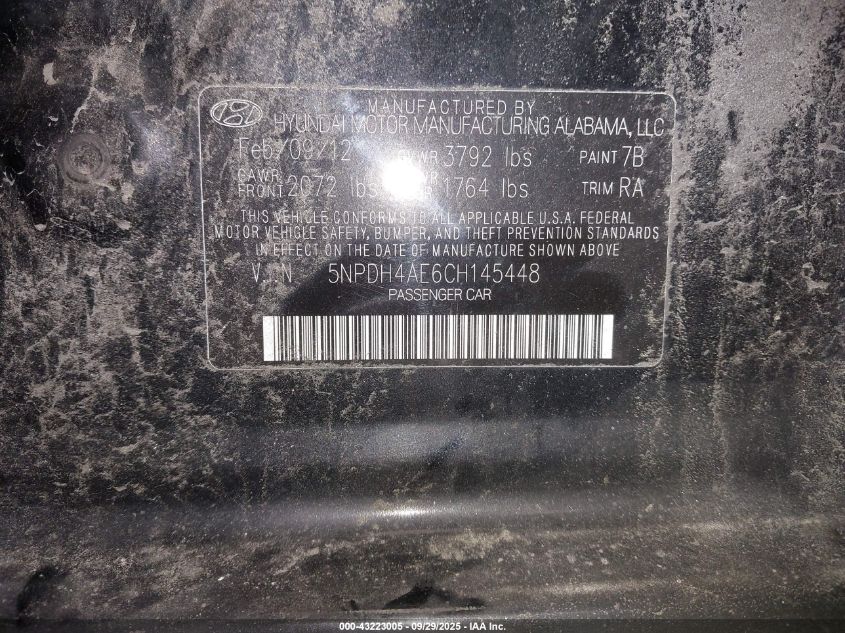 2012 Hyundai Elantra Gls VIN: 5NPDH4AE6CH145448 Lot: 43223005