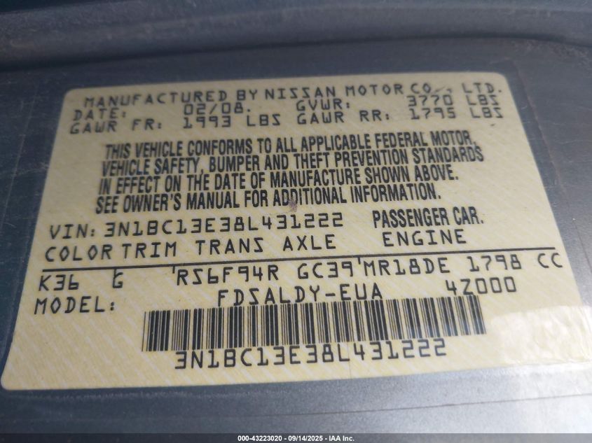 2008 Nissan Versa 1.8S VIN: 3N1BC13E38L431222 Lot: 43223020