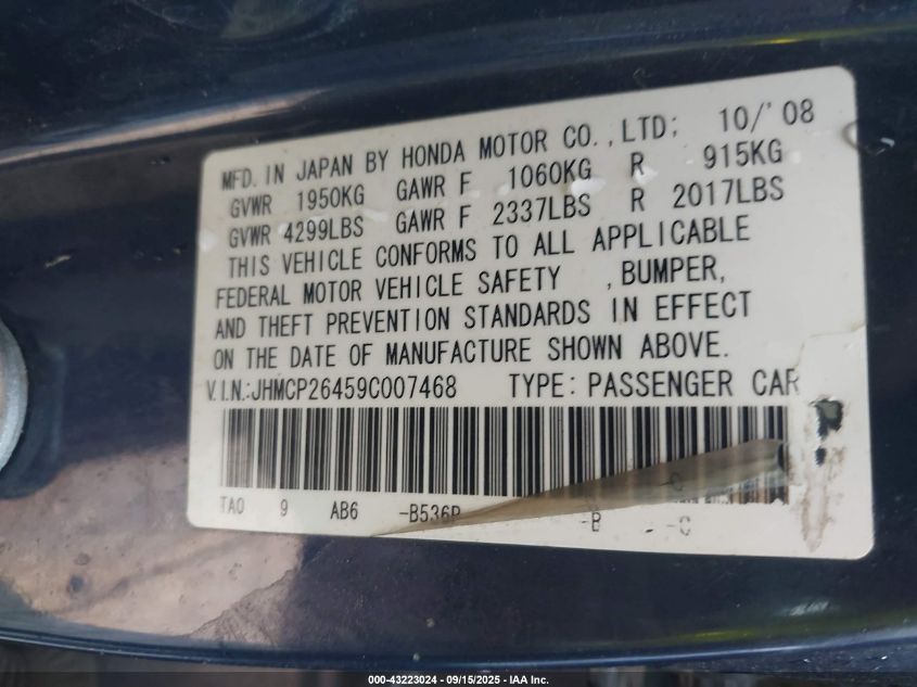 2009 Honda Accord 2.4 Lx-P VIN: JHMCP26459C007468 Lot: 43223024