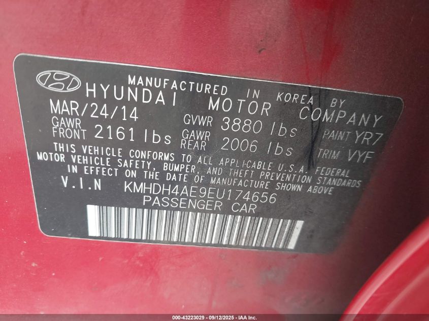 2014 Hyundai Elantra Se VIN: KMHDH4AE9EU174656 Lot: 43223029