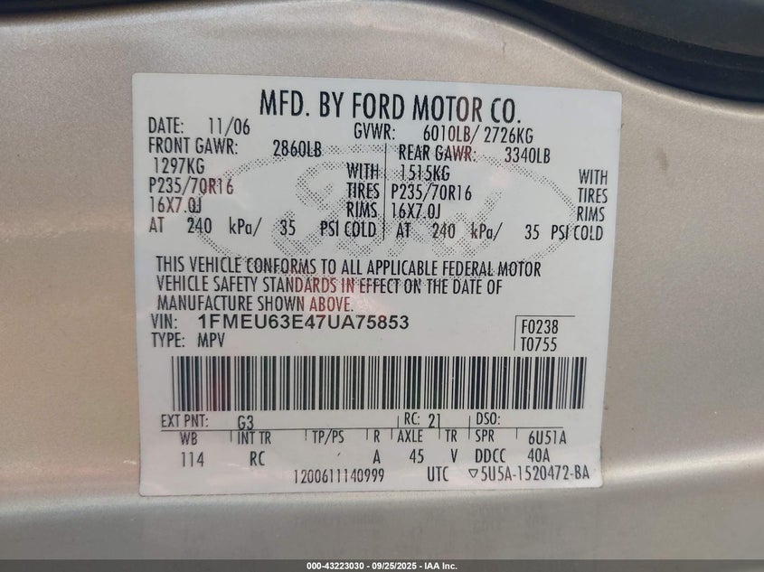 2007 Ford Explorer Xlt VIN: 1FMEU63E47UA75853 Lot: 43223030