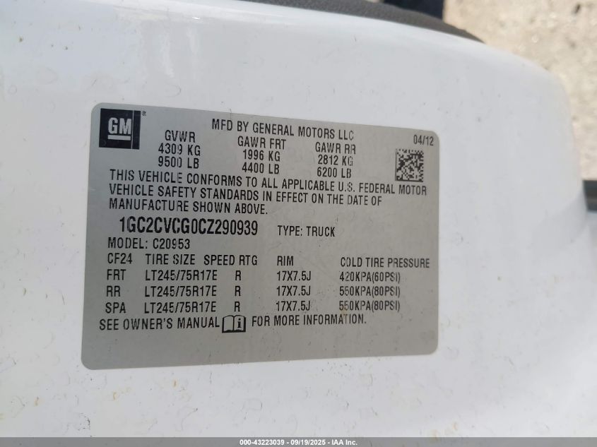 2012 Chevrolet Silverado 2500Hd Work Truck VIN: 1GC2CVCG0CZ290939 Lot: 43223039