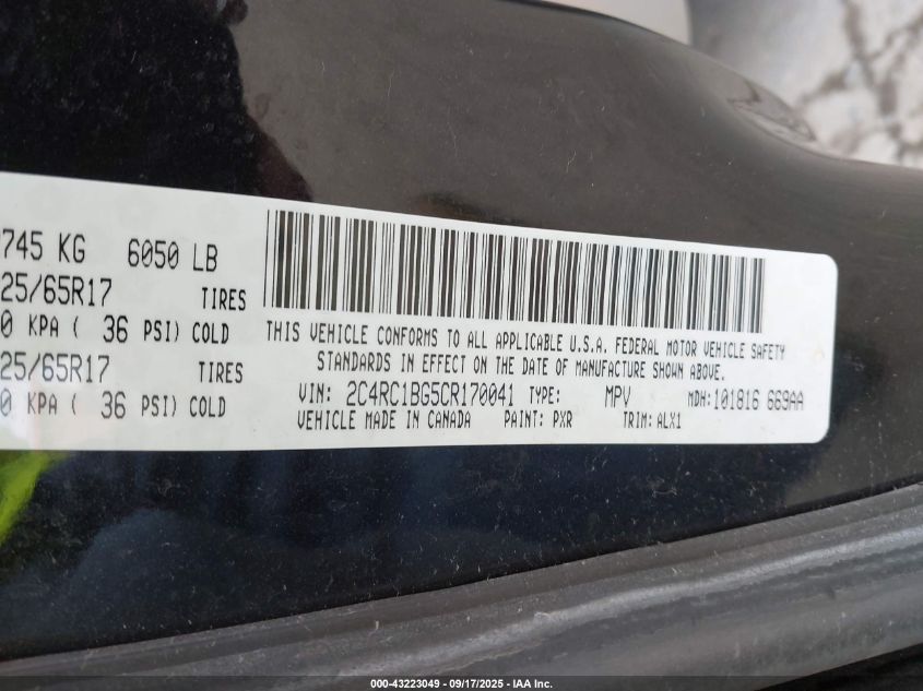 2012 Chrysler Town & Country Touring VIN: 2C4RC1BG5CR170041 Lot: 43223049