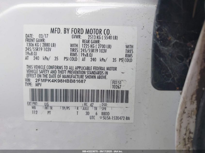 2017 Ford Edge Titanium VIN: 2FMPK4K98HBB81687 Lot: 43223078