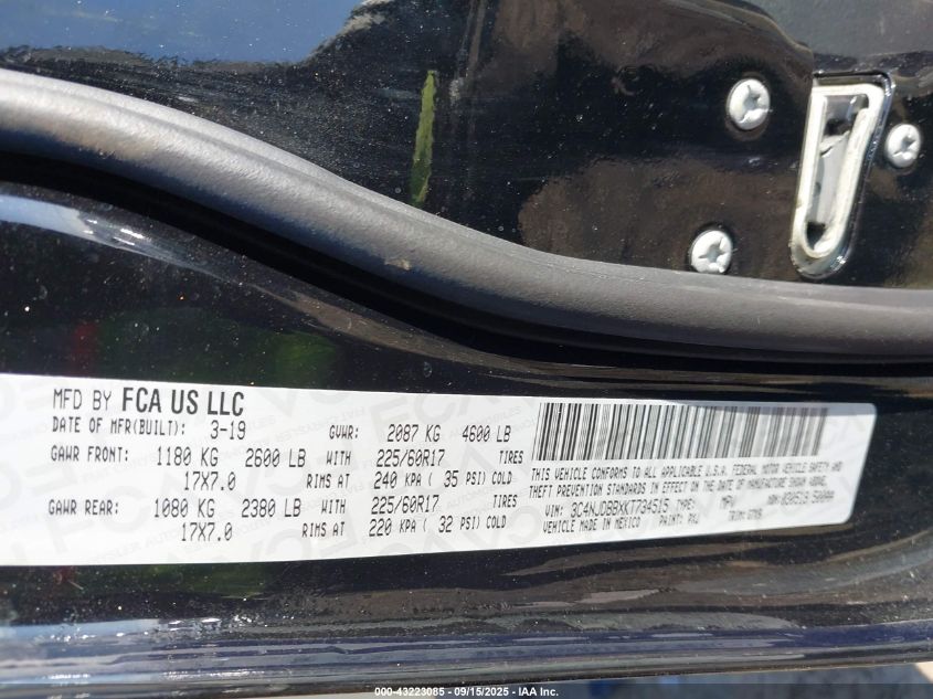 2019 Jeep Compass Latitude 4X4 VIN: 3C4NJDBBXKT734515 Lot: 43223085