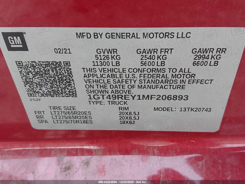 2021 GMC Sierra - 1GT49REY1MF206893