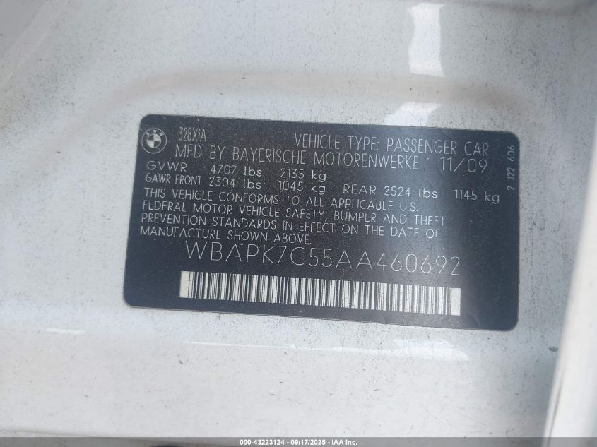 2010 BMW 328I xDrive VIN: WBAPK7C55AA460692 Lot: 43223124