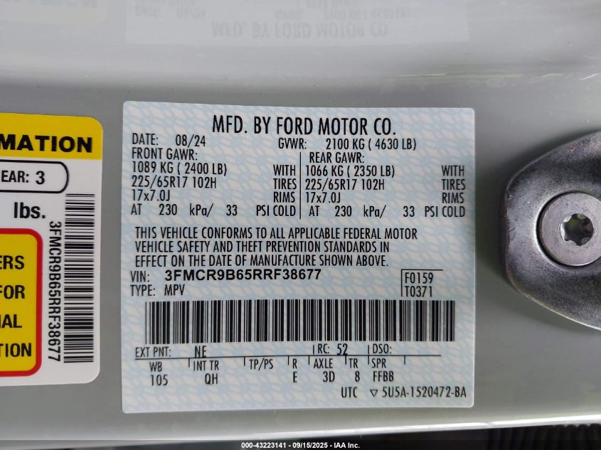 2024 Ford Bronco Sport Big Bend VIN: 3FMCR9B65RRF38677 Lot: 43223141