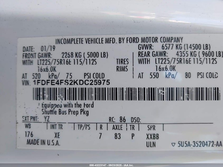 2019 Ford E-450 Cutaway VIN: 1FDFE4FS2KDC25975 Lot: 43223147