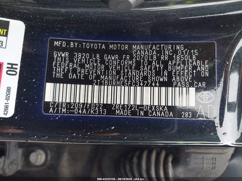 2015 Toyota Corolla S Plus VIN: 2T1BURHE5FC347744 Lot: 43223155