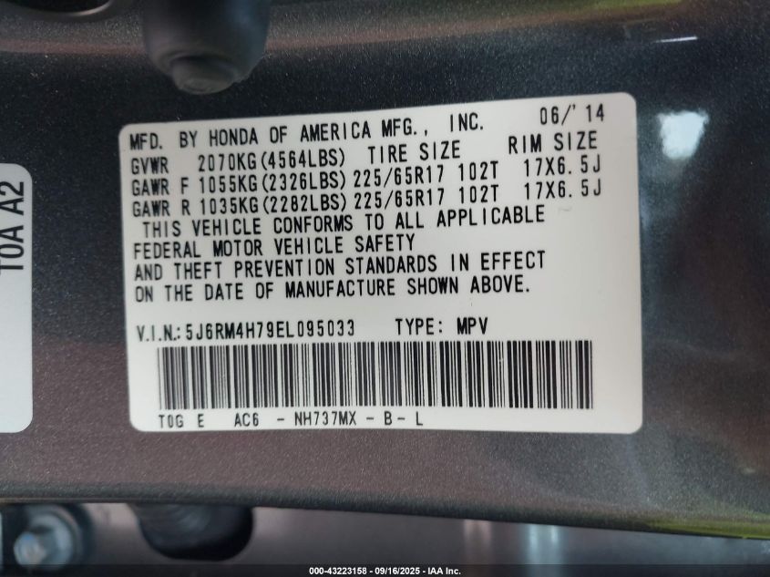 2014 Honda Cr-V Ex-L VIN: 5J6RM4H79EL095033 Lot: 43223158