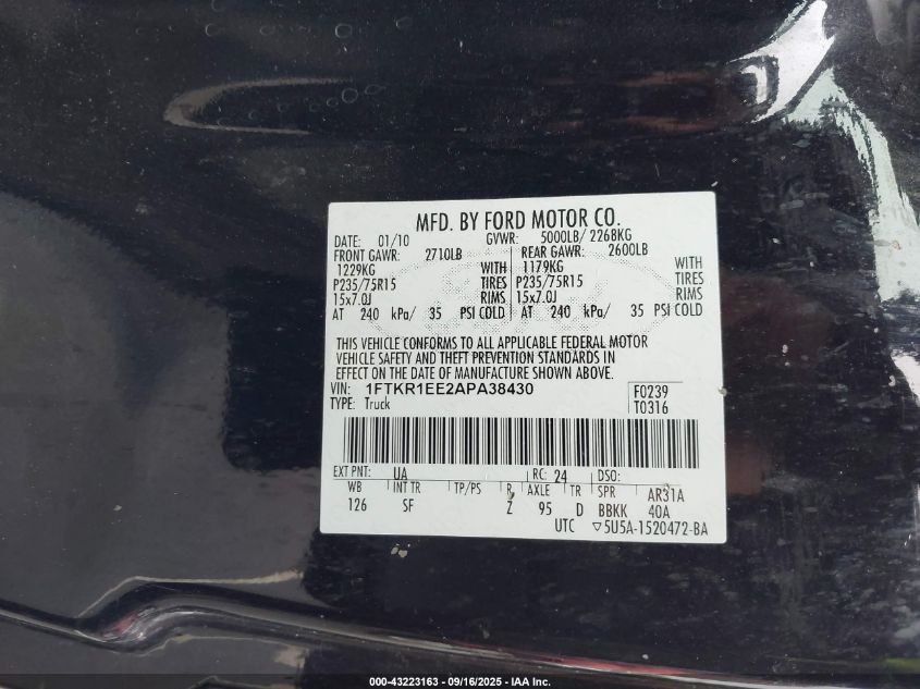 2010 Ford Ranger Sport VIN: 1FTKR1EE2APA38430 Lot: 43223163