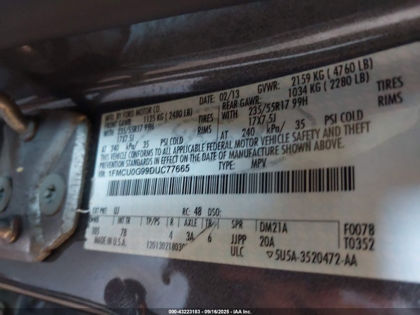 2013 Ford Escape Se VIN: 1FMCU0G99DUC77665 Lot: 43223183