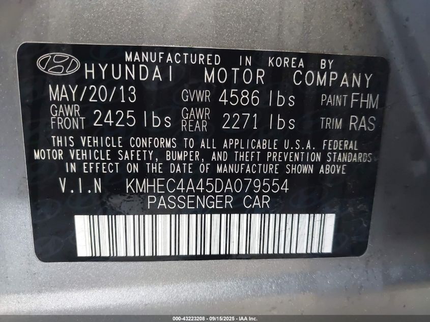 2013 Hyundai Sonata Hybrid Limited VIN: KMHEC4A45DA079554 Lot: 43223208