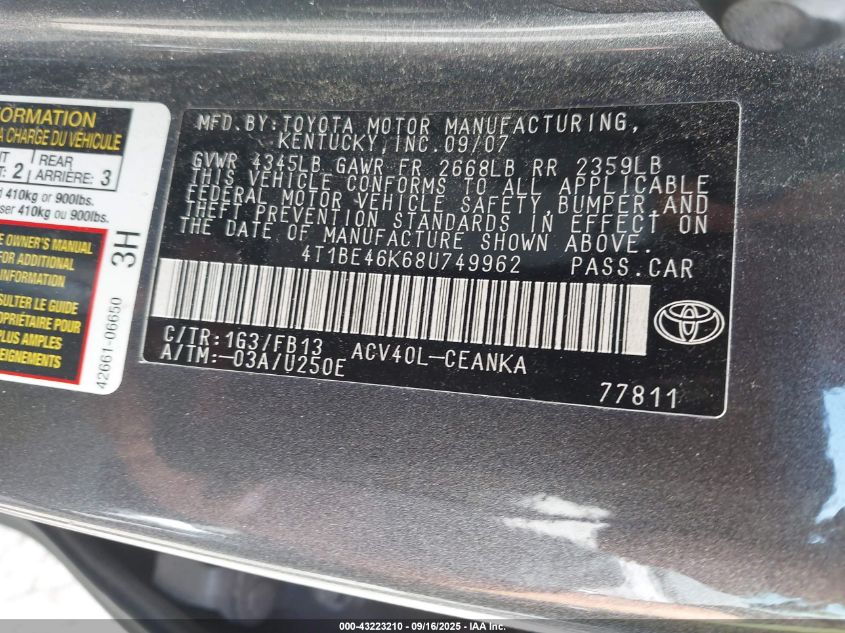 2008 Toyota Camry Le VIN: 4T1BE46K68U749962 Lot: 43223210