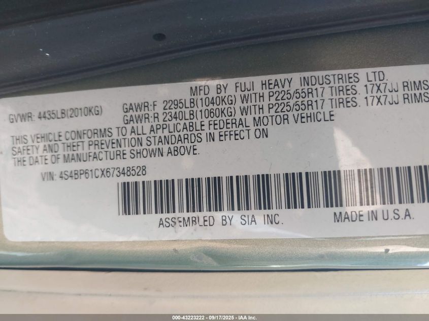 2006 Subaru Outback 2.5I VIN: 4S4BP61CX67348528 Lot: 43223222