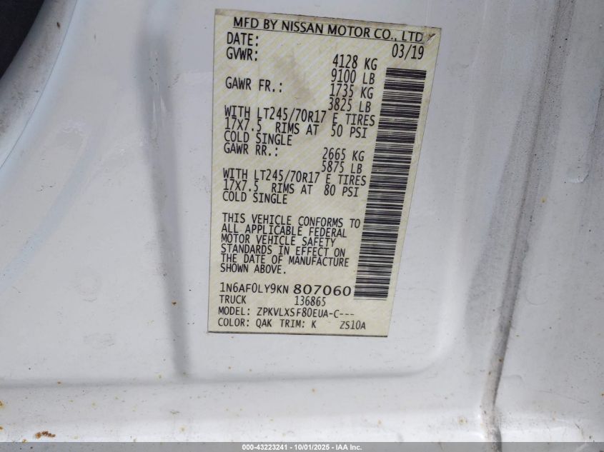2019 NISSAN NV CARGO NV2500 HD SV V8 - 1N6AF0LY9KN807060