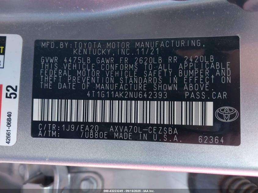 2022 Toyota Camry Se VIN: 4T1G11AK2NU642393 Lot: 43223249