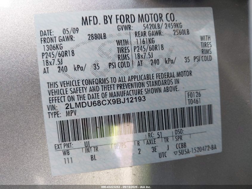 2009 Lincoln Mkx VIN: 2LMDU68CX9BJ12193 Lot: 43223252