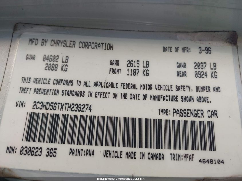 1996 Chrysler Concorde Lx VIN: 2C3HD56TXTH239274 Lot: 43223259