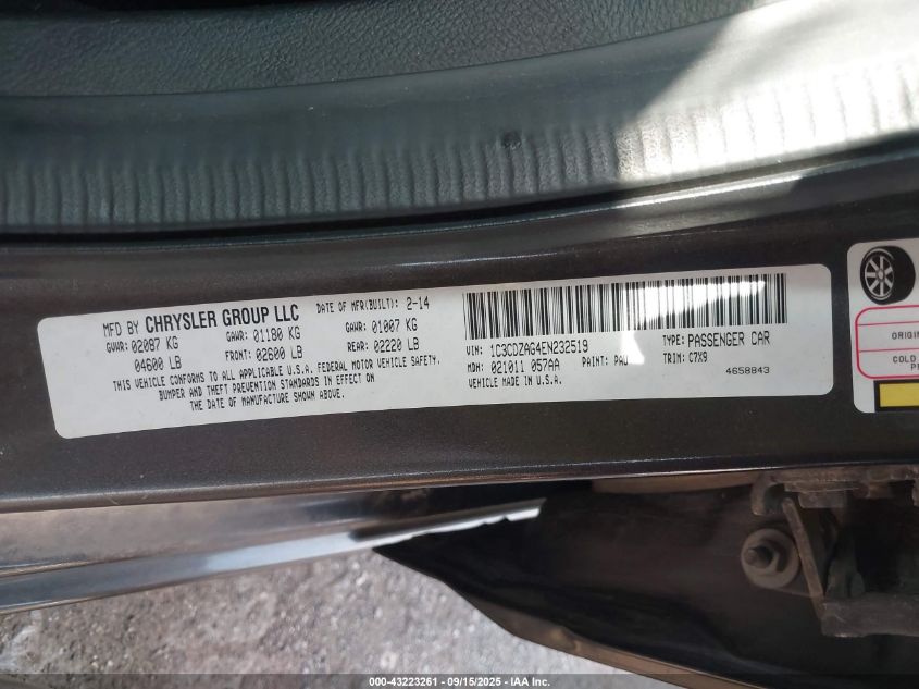 2014 Dodge Avenger Se VIN: 1C3CDZAG4EN232519 Lot: 43223261