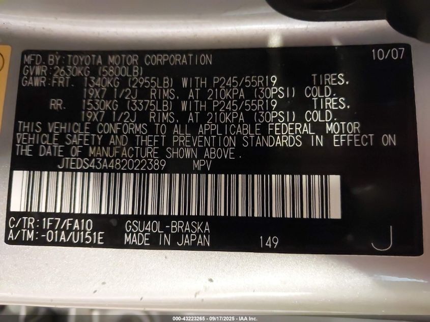 2008 Toyota Highlander Sport VIN: JTEDS43A482022389 Lot: 43223265