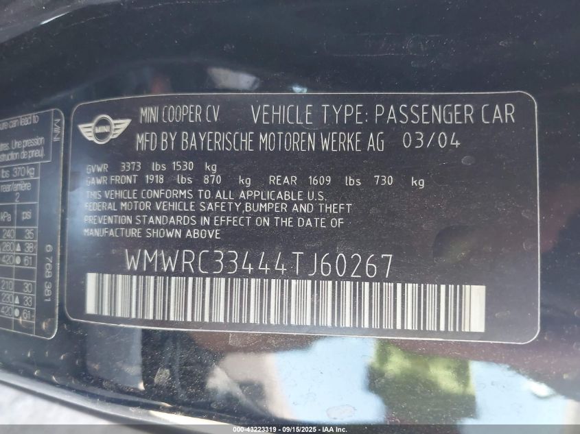 2004 Mini Cooper VIN: WMWRC33444TJ60267 Lot: 43223319